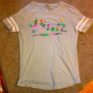 PINK floral logo mint green t shirt